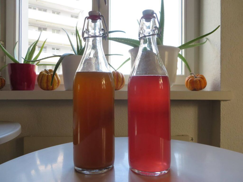 Zwei verschiedene Wasserkefir-Getränke in Flaschen
